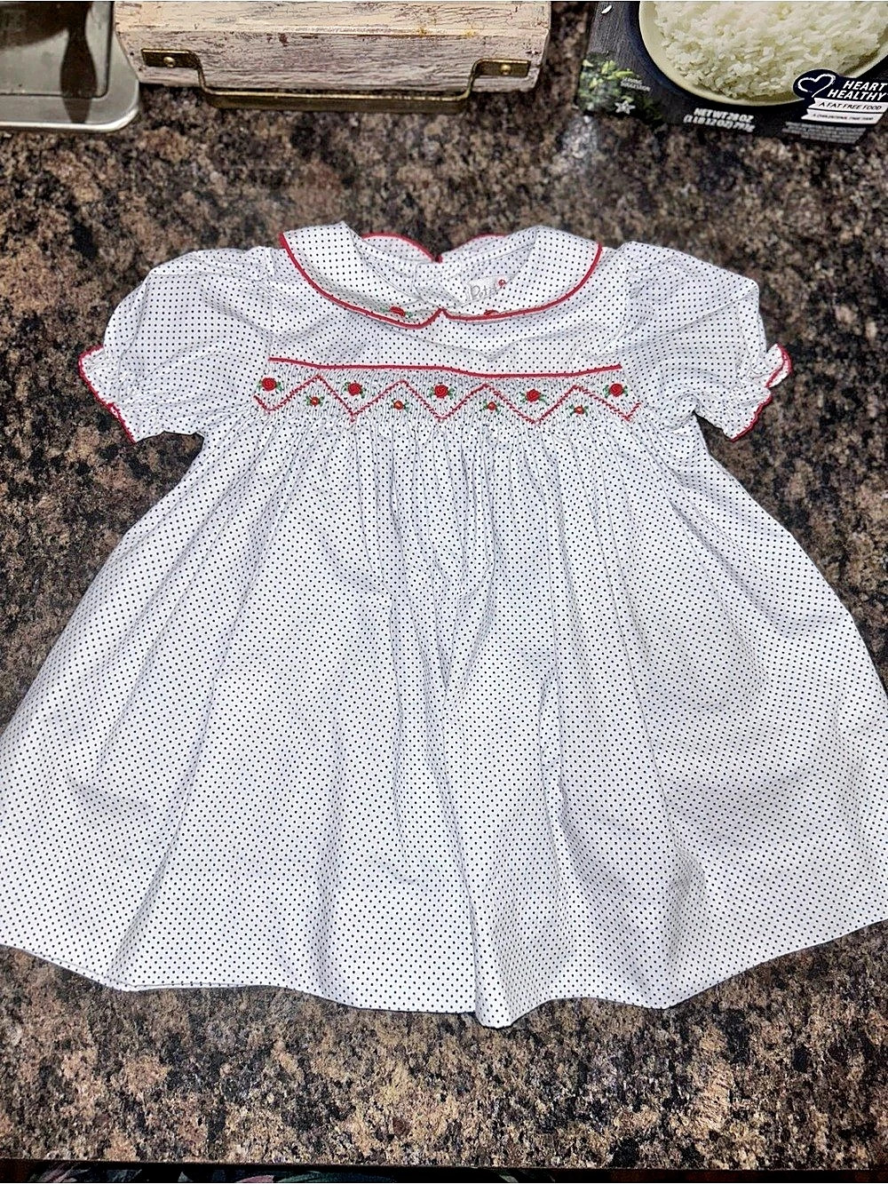 Petit Ami Polka Dot Smocked Dress with Rose Embroidery 3M